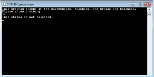 Check if string is balanced using in Flat Assembler 2