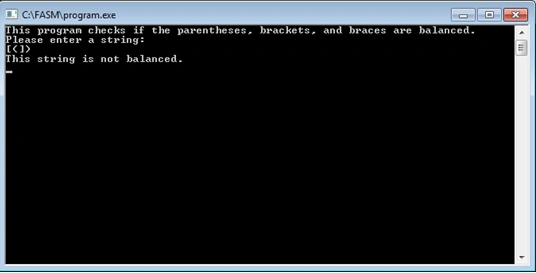 Check if string is balanced using in Flat Assembler 3