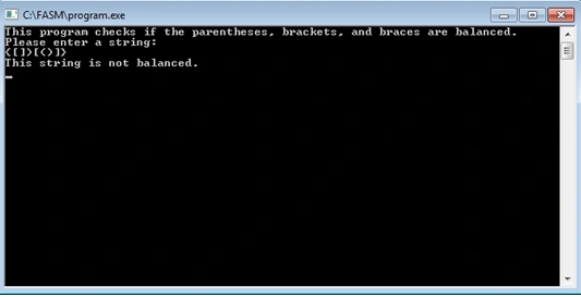 Check if string is balanced using in Flat Assembler 5