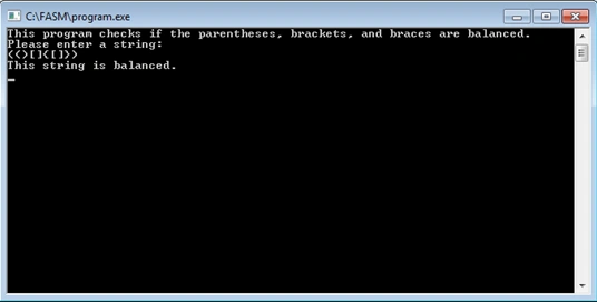 Check if string is balanced using in Flat Assembler