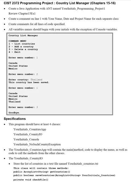 Program to create a country list manager in java language