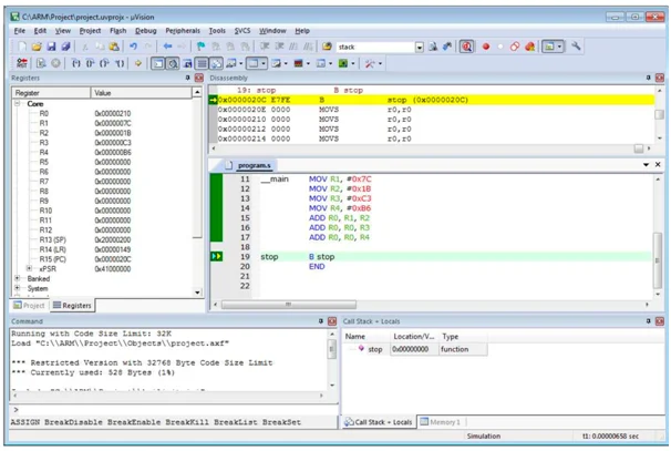 Simple assembly language program to run Keil ARM simulator