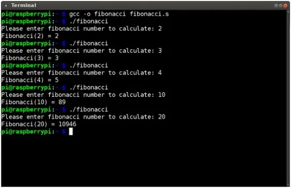 calculate fibonacci in ARM assembly language for Raspberry PI1