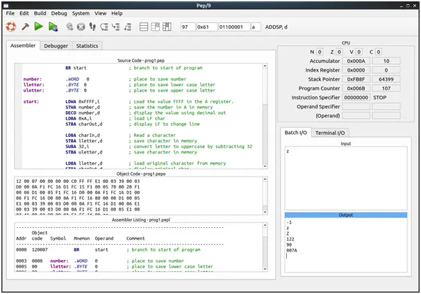 input character display in upper lower case ascii code in hex decimal in Pep9 using assembly language 1