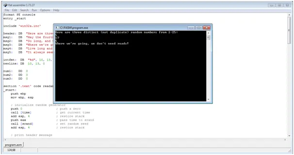 Program in Flat Assembler to display 3 random numbers and a fortune cookie phrase Assembly language