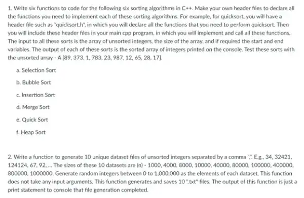 program to create 6 sorting algorithms in C