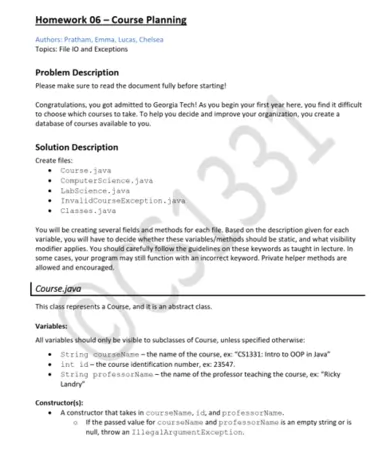 program to create course planning in java