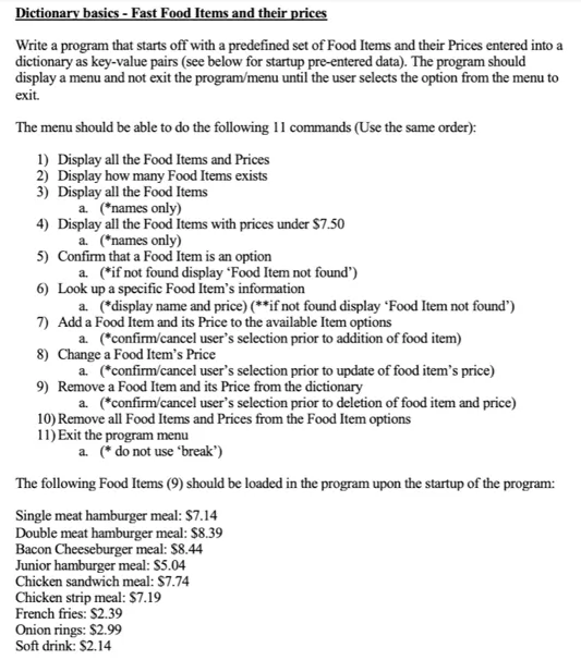 program to create food menu system in python