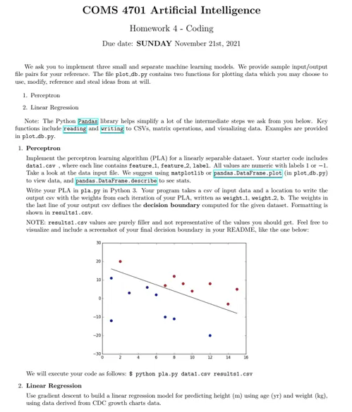 program to create linear regression and perceptron in python