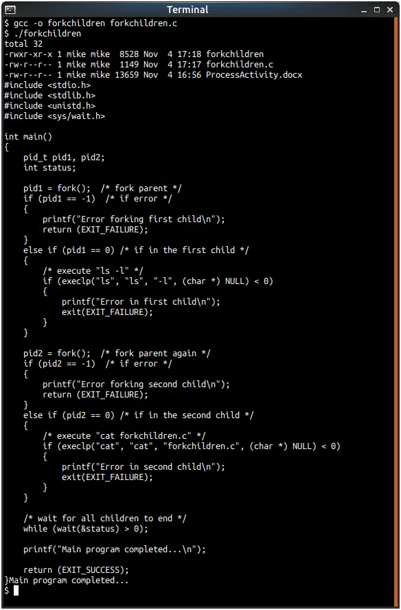 program-to-fork-2-processes-then-exit-when-they-complete-in-C