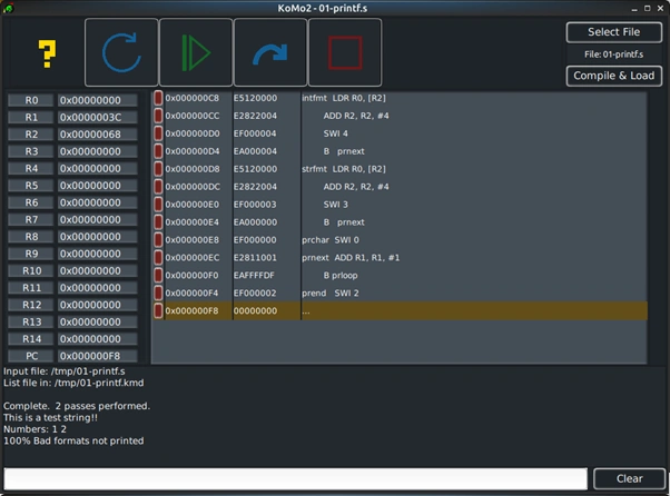 simplified version of PrintF in ARM assembly language